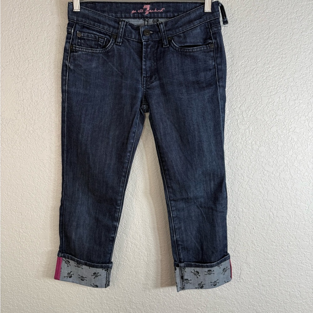 7 For All Mankind Dark Blue Skull Print Cuff Cropped Jeans Size 25 Y2K Made USA